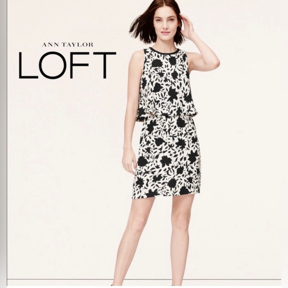 Loft Floral Black White Cream Dress Size 4 Petite